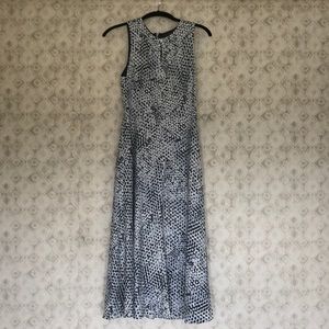 Blue and white patterned dress.